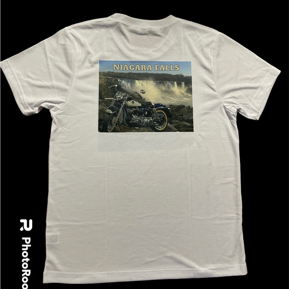 Motorcycle at Niagara Falls Custom made T-shirt on 100% white polyester tee